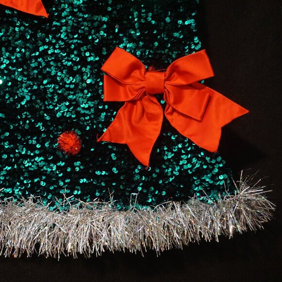 Love on a Hanger Dark Green Sequin Silver Tinsel Red Bow Christmas Skirt Medium - Picture 3 of 7